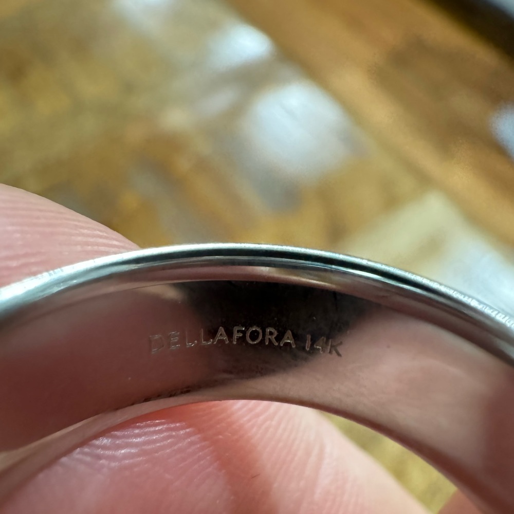 Dellafora 14k White Gold comfort band.  (Can be resized)